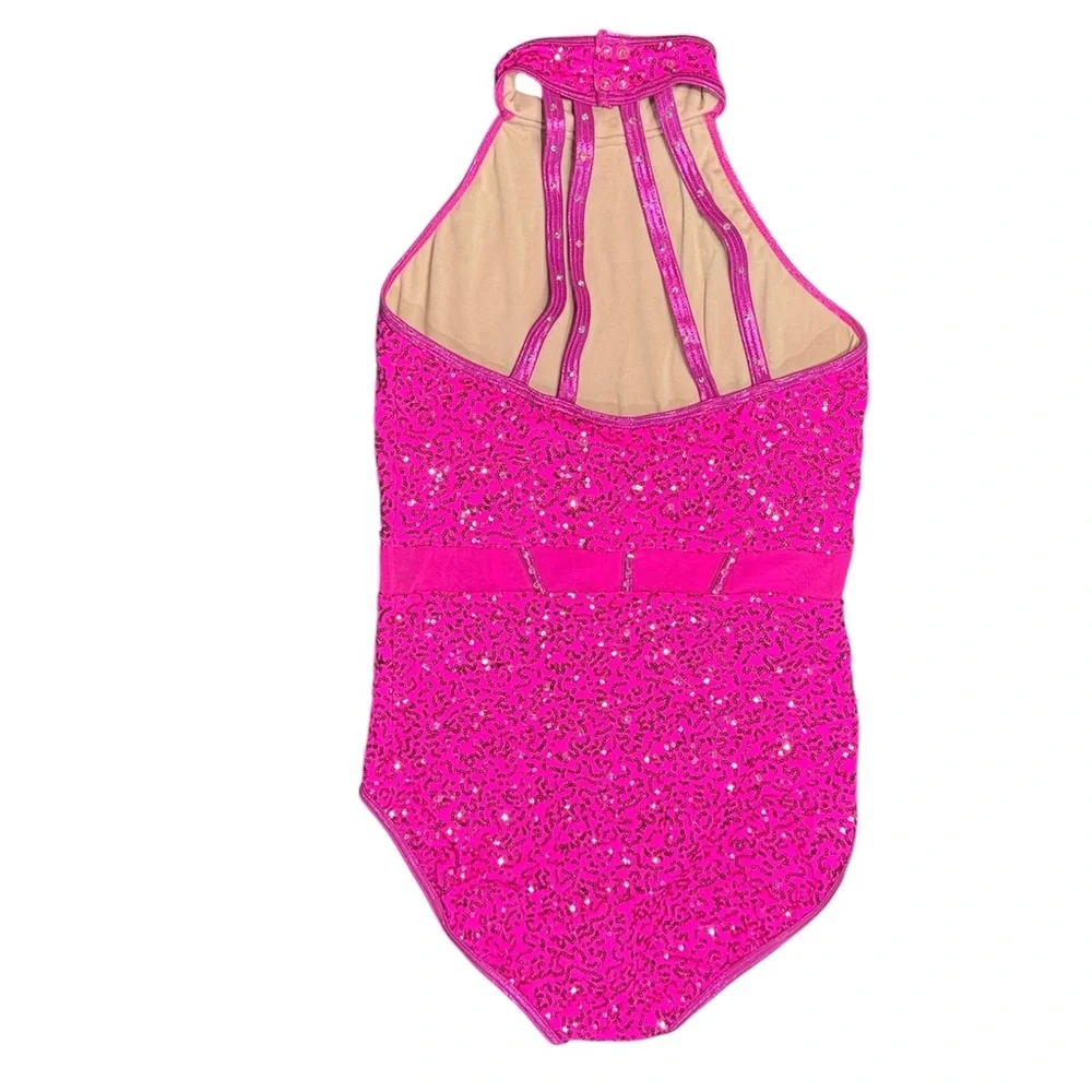 Balera | Sequin Caged Waist Leotard Sparkling Pink Sleeveless Halter, MA - Picture 4 of 5